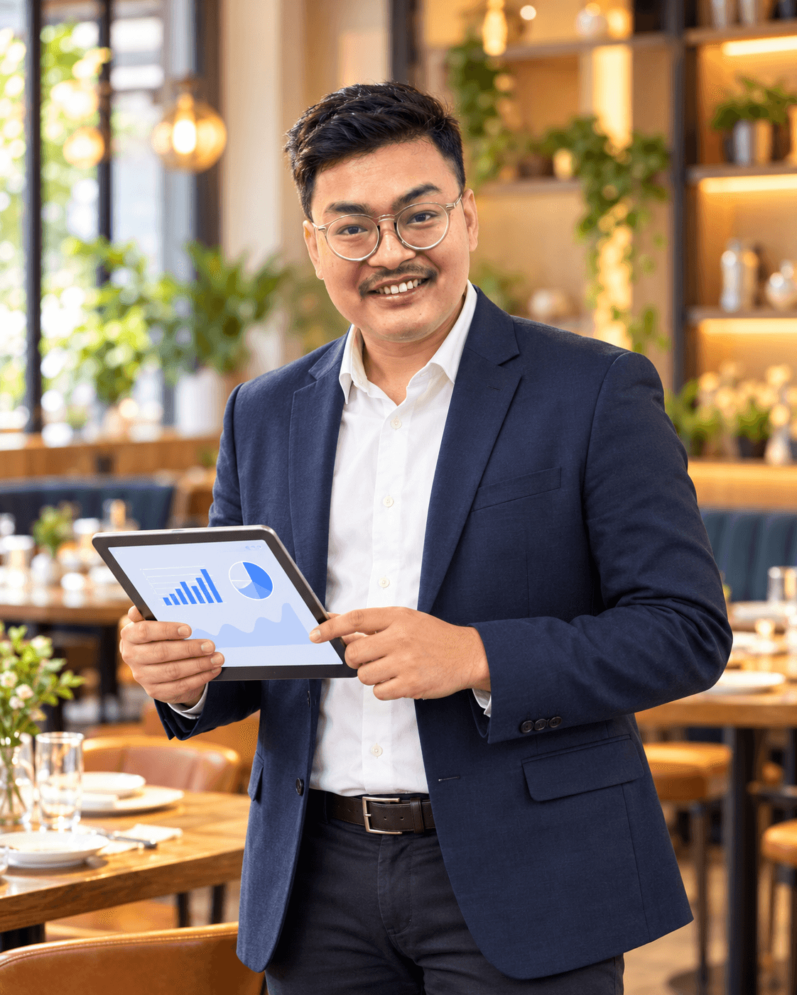 ChefKeshav smiling in a restaurant while holding a marketing analytics tablet